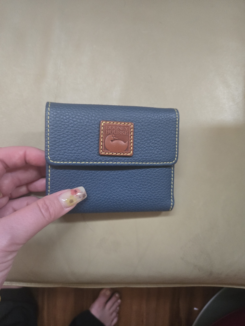 Dooney & Bourke Blue Leather Trifold Wallet with Brown Patch